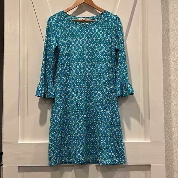 Barbara Gerwit Blue and Green Print 3/4 Sleeve Dress Size Small - Picture 1 of 7